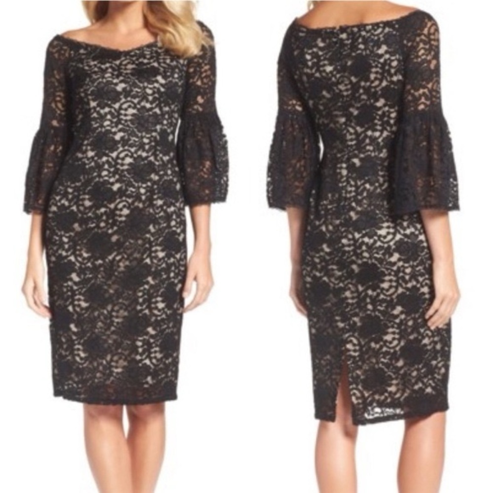 Adrianna Papell Size 6 black lace off the shoulder dress with bell sleeves